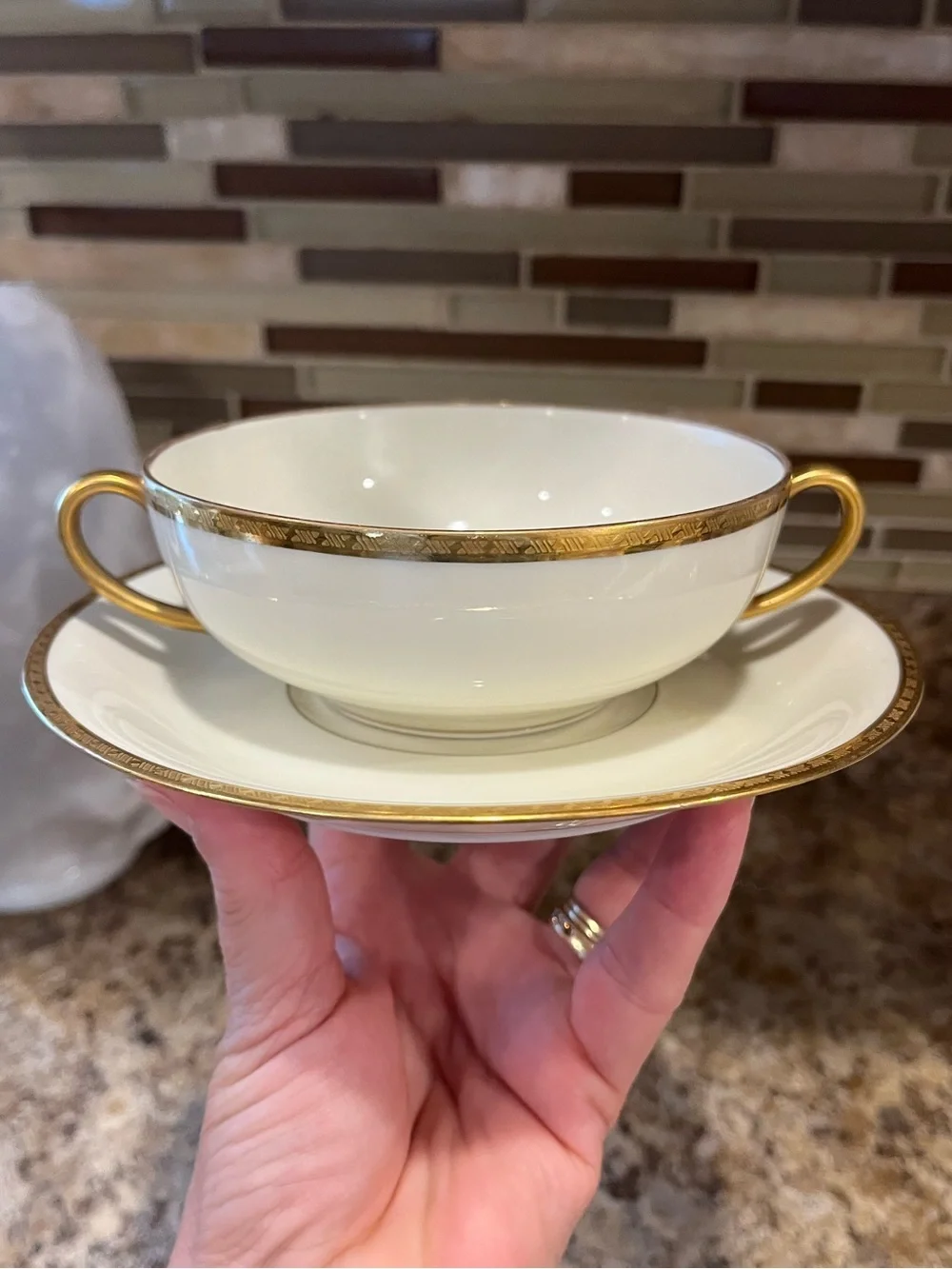Black Knight Cream and Gold Trimmed Double-Handled Soup Cups with Saucers
